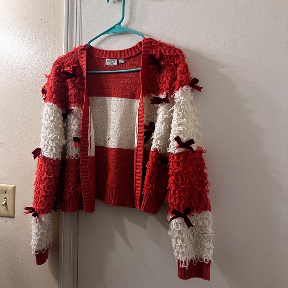 Mighty Fine Open
Front Coral and White
Striped Cardigan with Scarlet Bows, L - Picture 2 of 5
